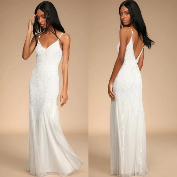 Lulus Just the Beginning White Beaded Sequin Mermaid Maxi Dress L Wedding Bride
